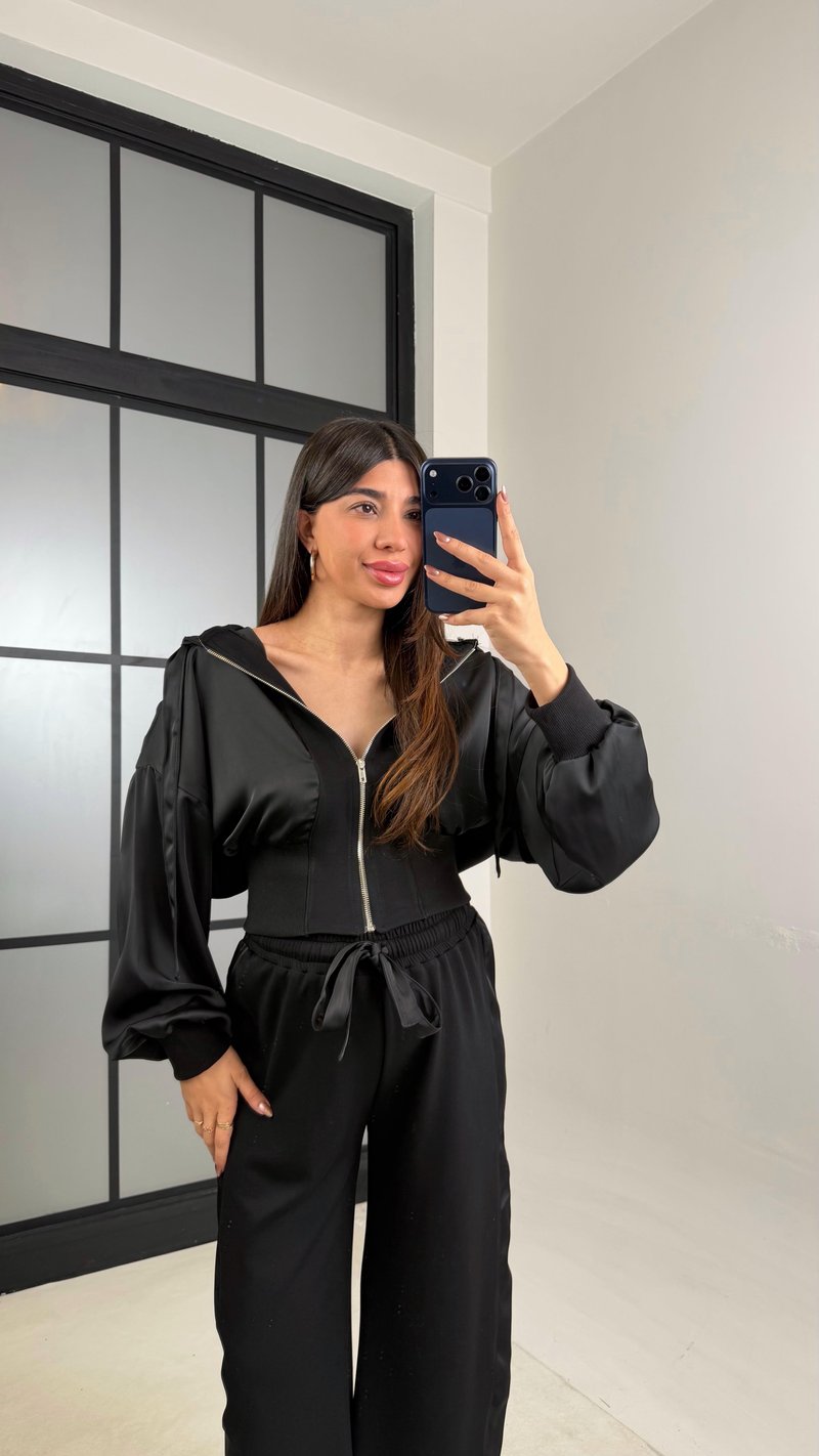 Siyah Saten Detaylı Hırka Beli Lastikli Pantolon Tasarım Takım GAUS-01096