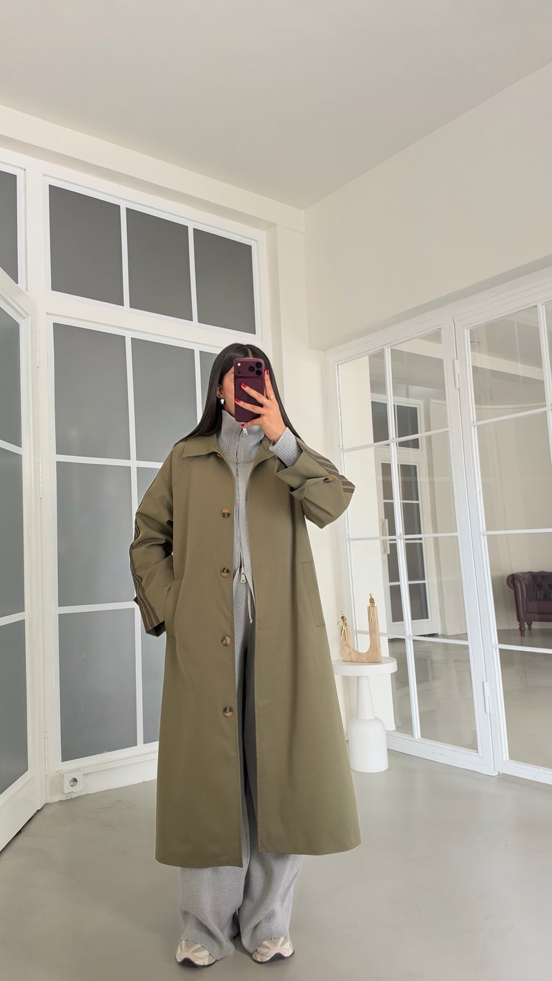 Yeşil Kol Şeritli Astarlı Trençkot GAUS-02245