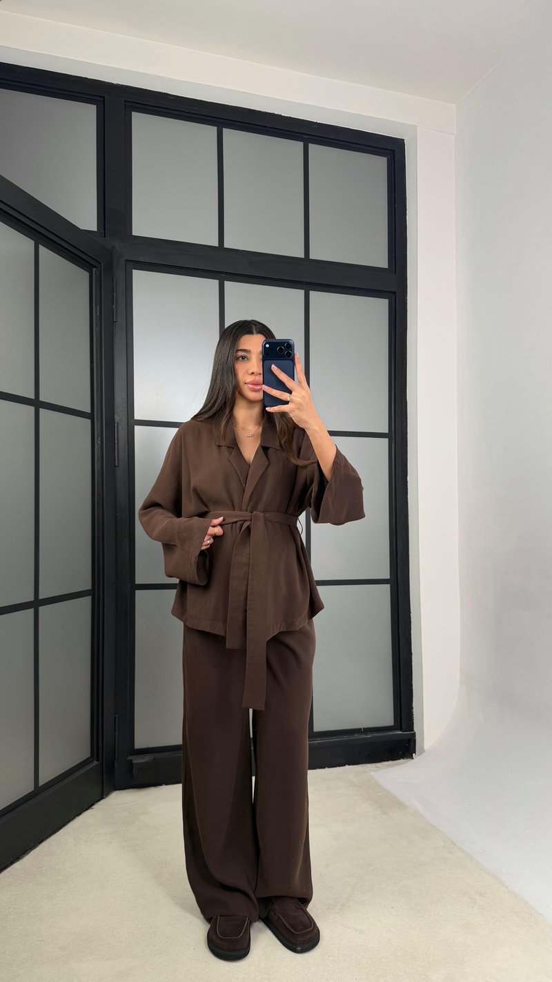 Acı Kahve Kuşaklı Ceket Beli Lastikli Pantolon Tencel Takım GAUS-01128