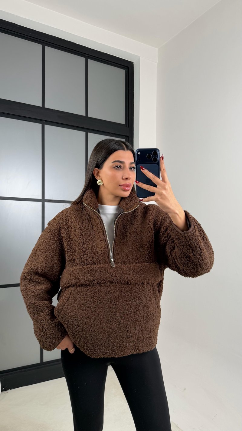 Acı Kahve Cepli Yaka Fermuarlı Peluş Sweatshirt GAUS-00672