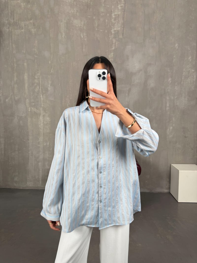 Patis Bebe Mavi Gri Çizgili V Yaka Oversize Gömlek