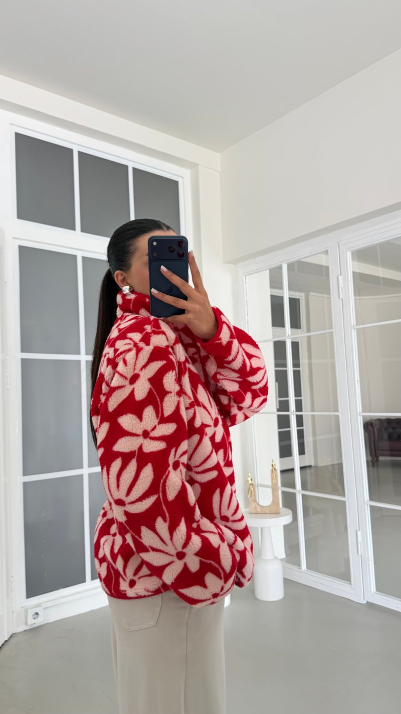 Kırmızı Çiçek Desenli Fermuarlı Polar Sweatshirt GAUS-01915