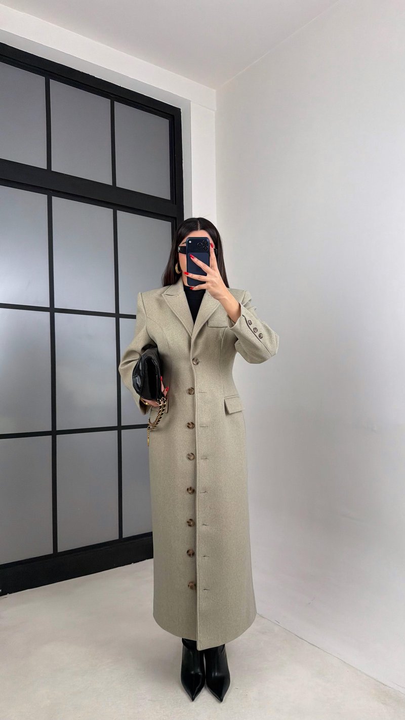 Yeşil Önü Düğmeli Vatkalı Astarlı Premium Kaşe Kaban Gaus-01030