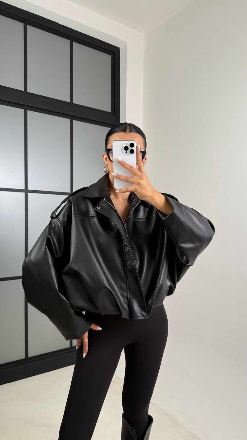 Siyah Gizli Fermuarlı Deri Bomber Ceket GAUS-00492