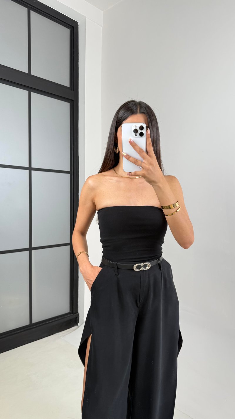 Siyah Yan Yırtmaçlı Kemerli Tencel Pantolon Gaus00639