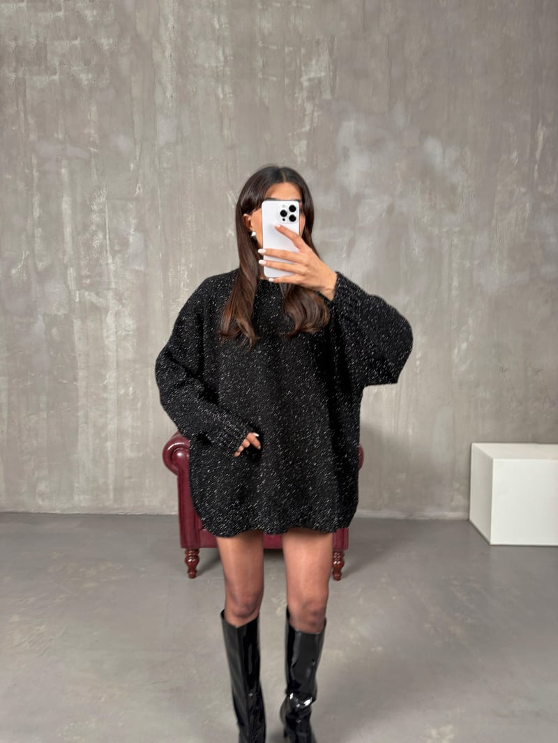 Holis Siyah Simli Oversize Kazak