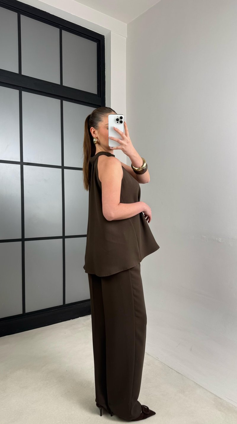 Acı Kahve Sıfır Kol Bluz Beli Lastikli Pantolon İkili Premium Takım GAUS-00984