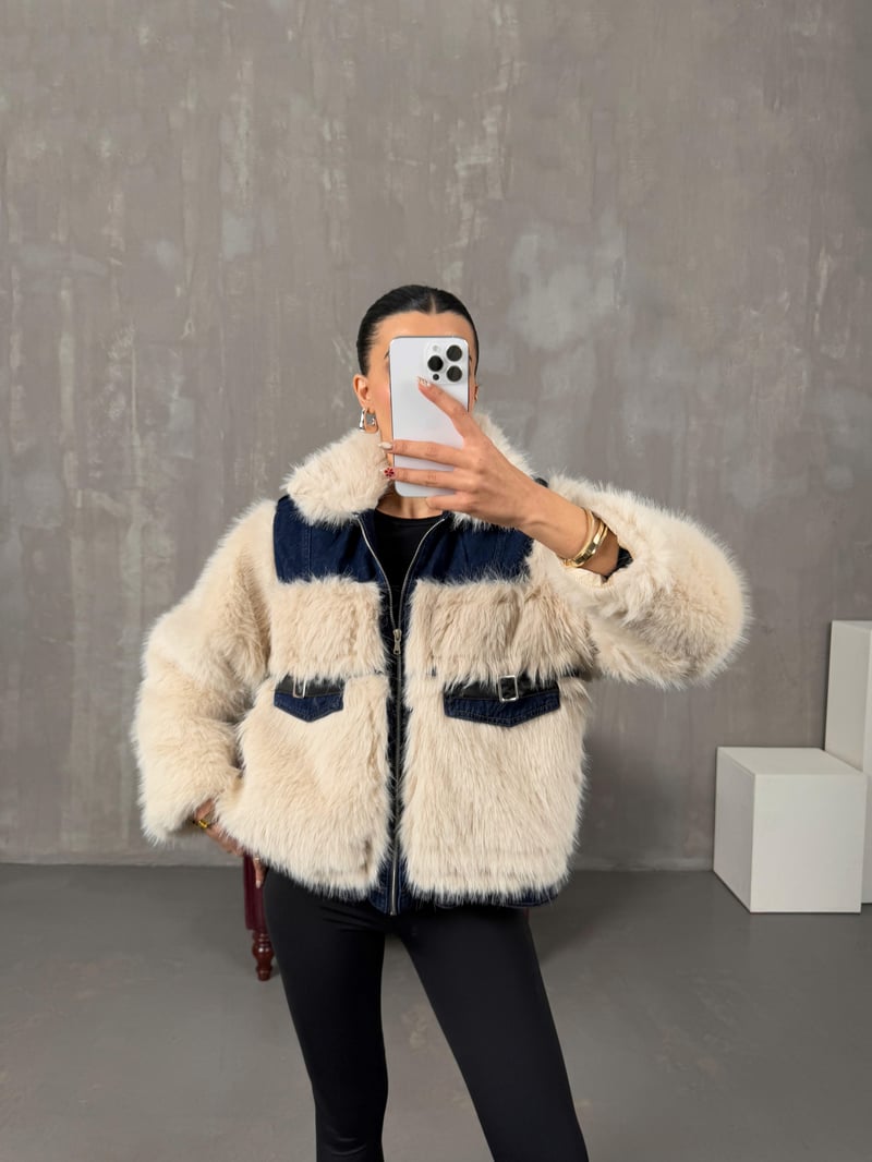 Monty Taş Peluş Kürk Denim Karışımlı Tasarım Ceket