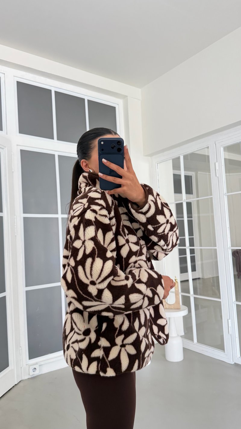 Kahve Çiçek Desenli Fermuarlı Polar Sweatshirt GAUS-01915