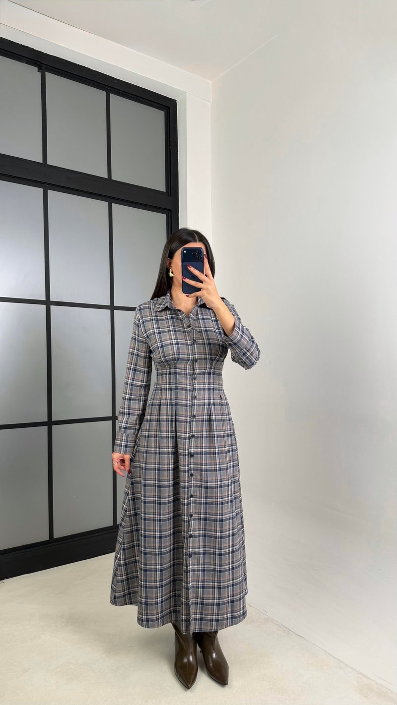 Lacivert Belden Oturtmalı Ekose Elbise GAUS-00762