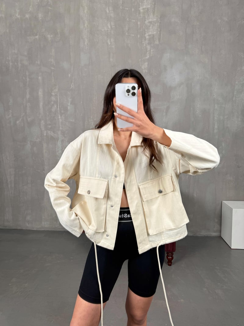 Ekru Çıtçıt Düğmeli Gabardin Ceket