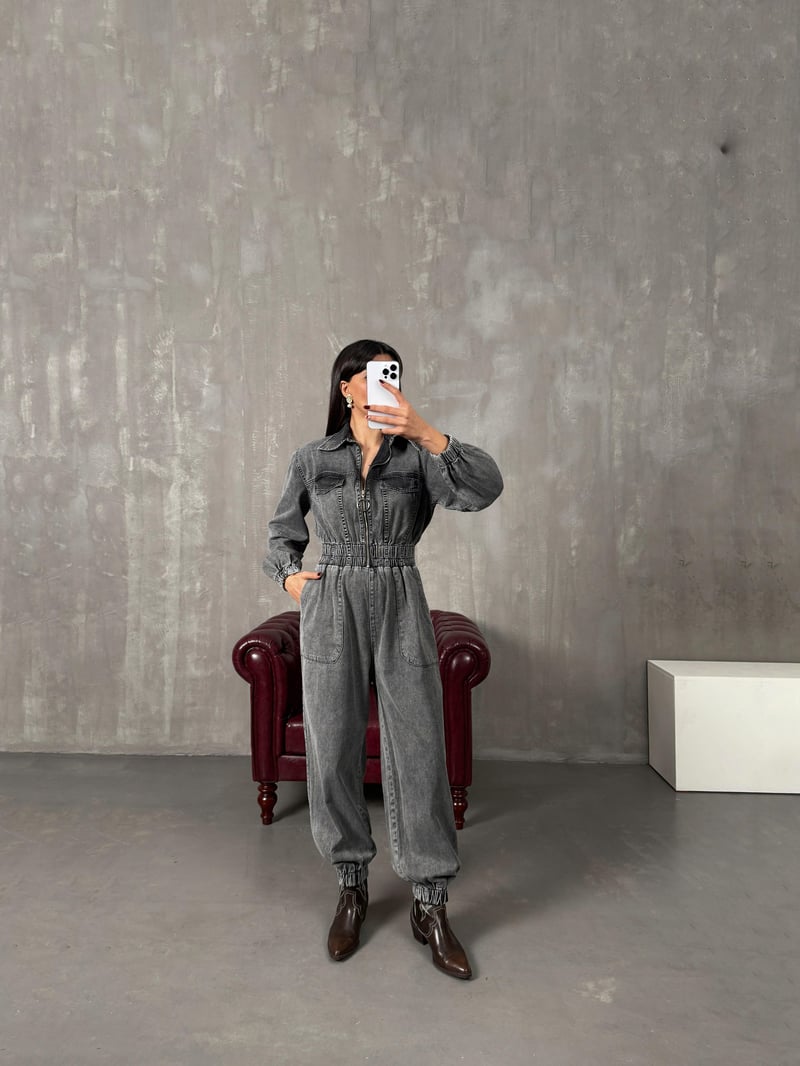 Setre Gri Yıkamalı Önden Fermuarlı Denim Tulum