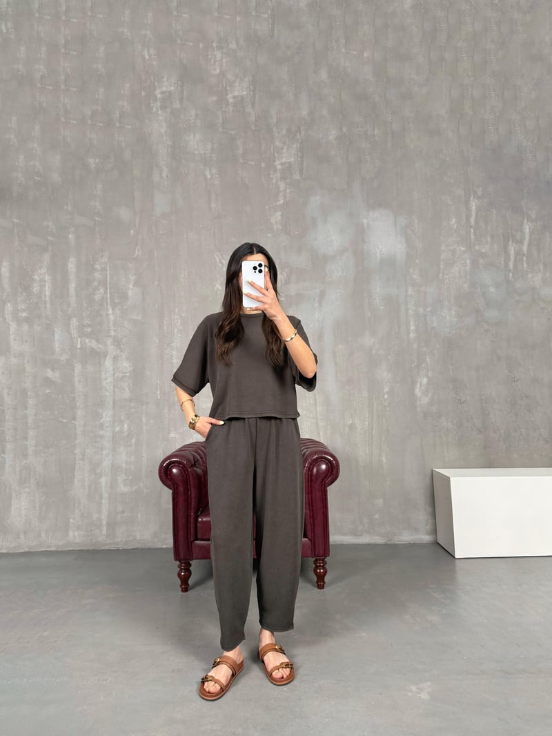Acı Kahve Bisiklet Yaka Tshirt Pantolon Basic Yıkamalı Modal Takım Gaus00143
