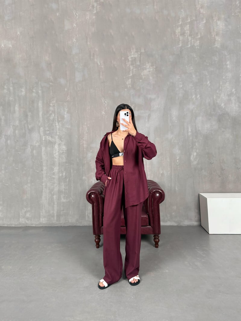 Bordo Gömlek Pantolon Keten Muadil Takım Gaus00080