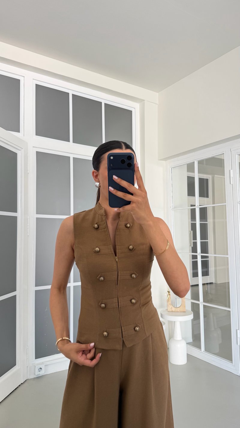 Kahve Düğme Detaylı Ceket Pantolon İkili Keten Takım GAUS-01739