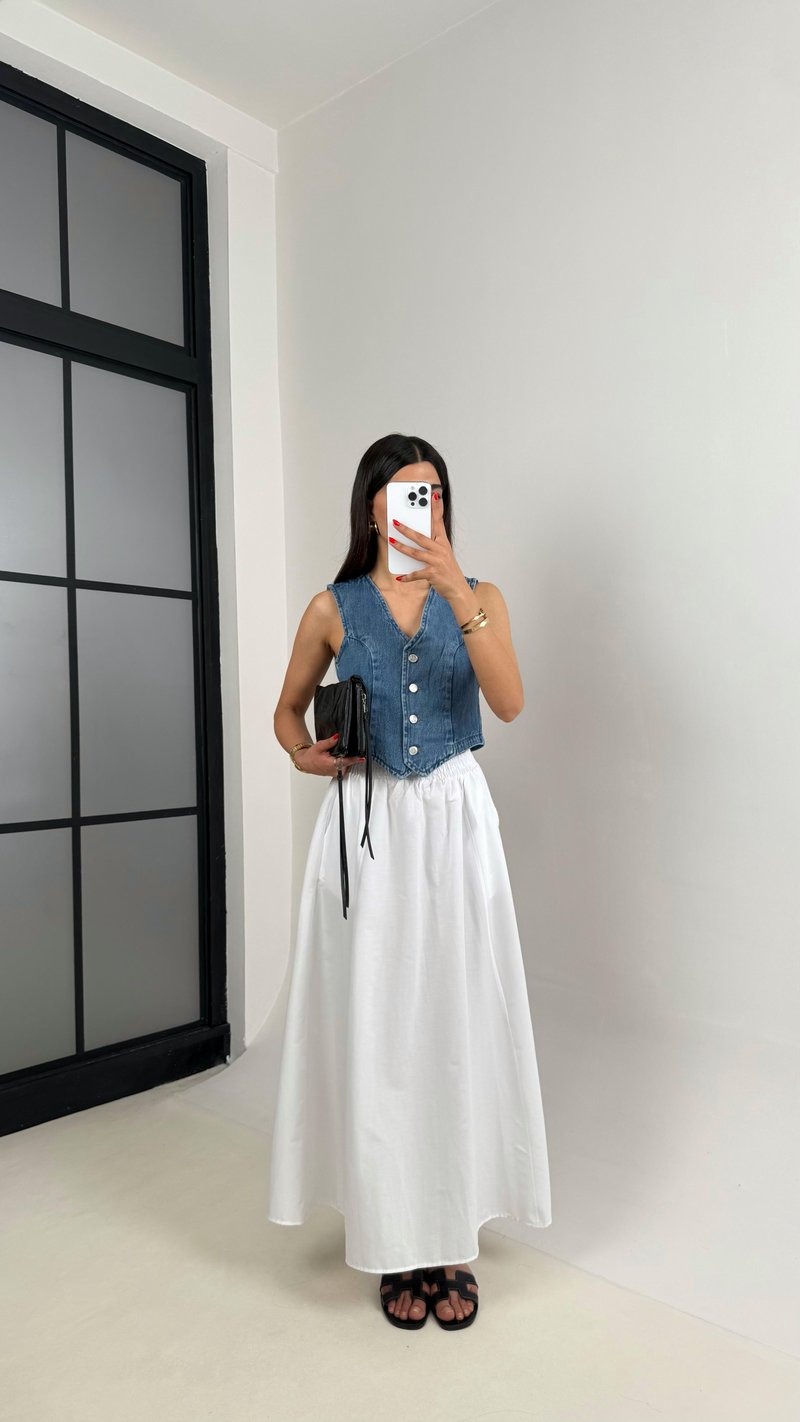 Beyaz Beli Lastikli Cepli Poplin Etek Gaus00485