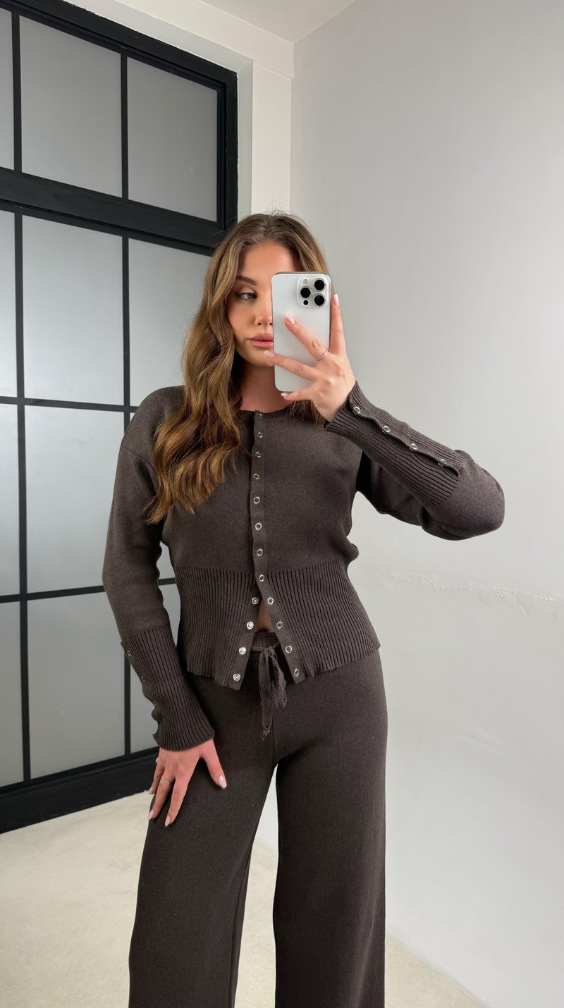 Acı Kahve Çıtçıt Düğmeli Bluz  Beli Lastikli Pantolon  Triko İkili Takım GAUS-01144