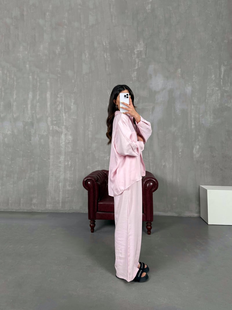 Pembe Cepli Gömlek Beli Lastikli Pantolon Tensel Takım Gaus00134