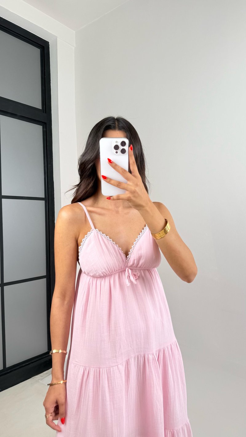 Pembe Ayarlanabilir Askılı Dantel Detaylı Müslin Elbise GAUS-001