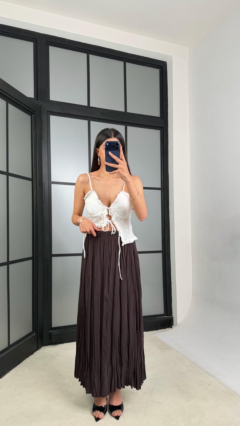 Koyu Mürdüm Beli Lastikli Kırışık Kumaş Etek GAUS-01320