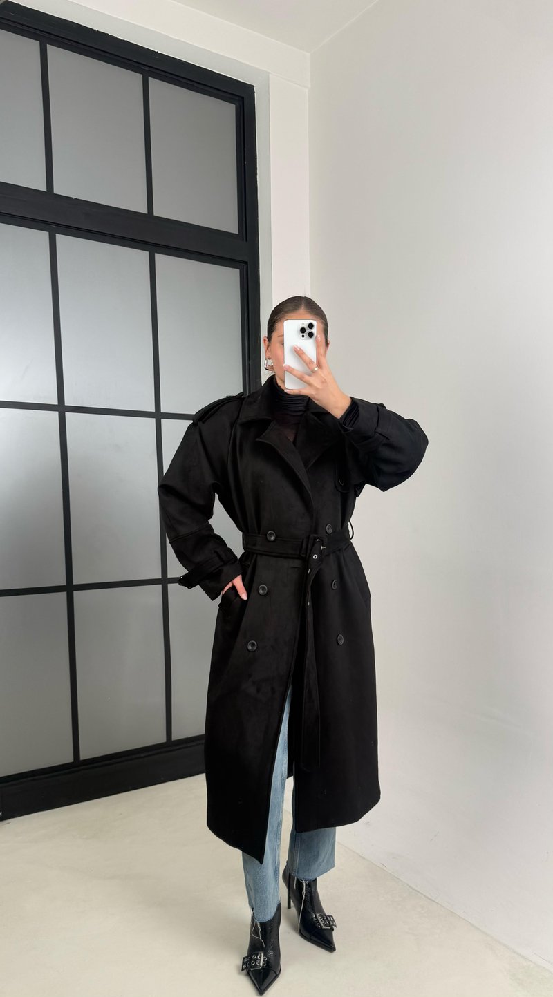 Siyah Düğmeli Kemerli Süet Trençkot GAUS-00487