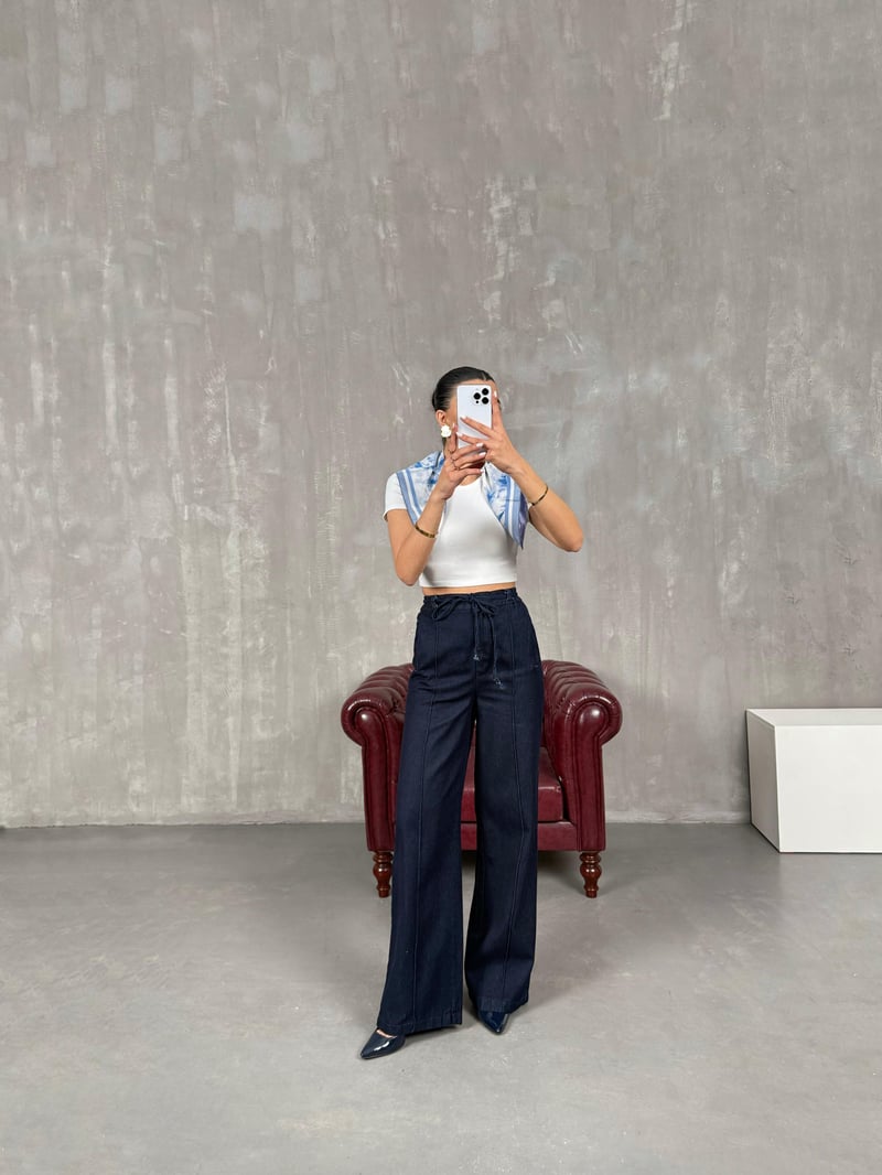 Lacivert Çımalı Beli Lastikli Bağlamalı Denim Pantolon Gaus00033