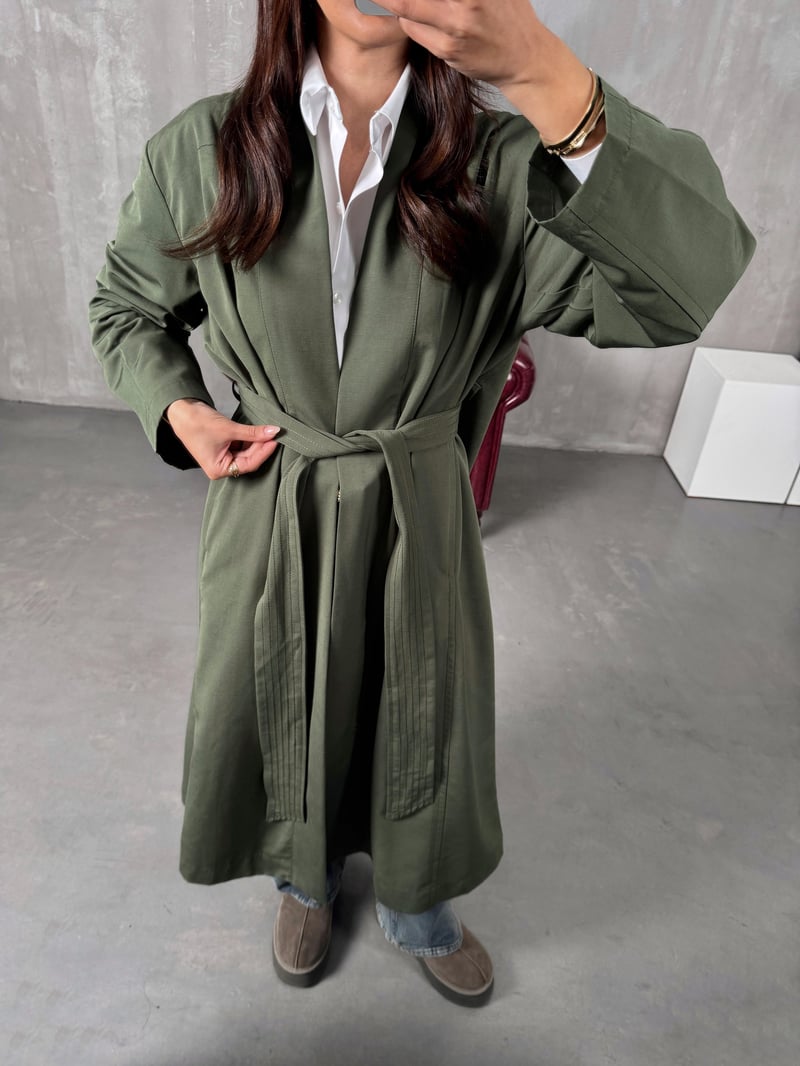 Sindy ZR Haki Muadil Premium Astarsız Kuşaklı Trençkot