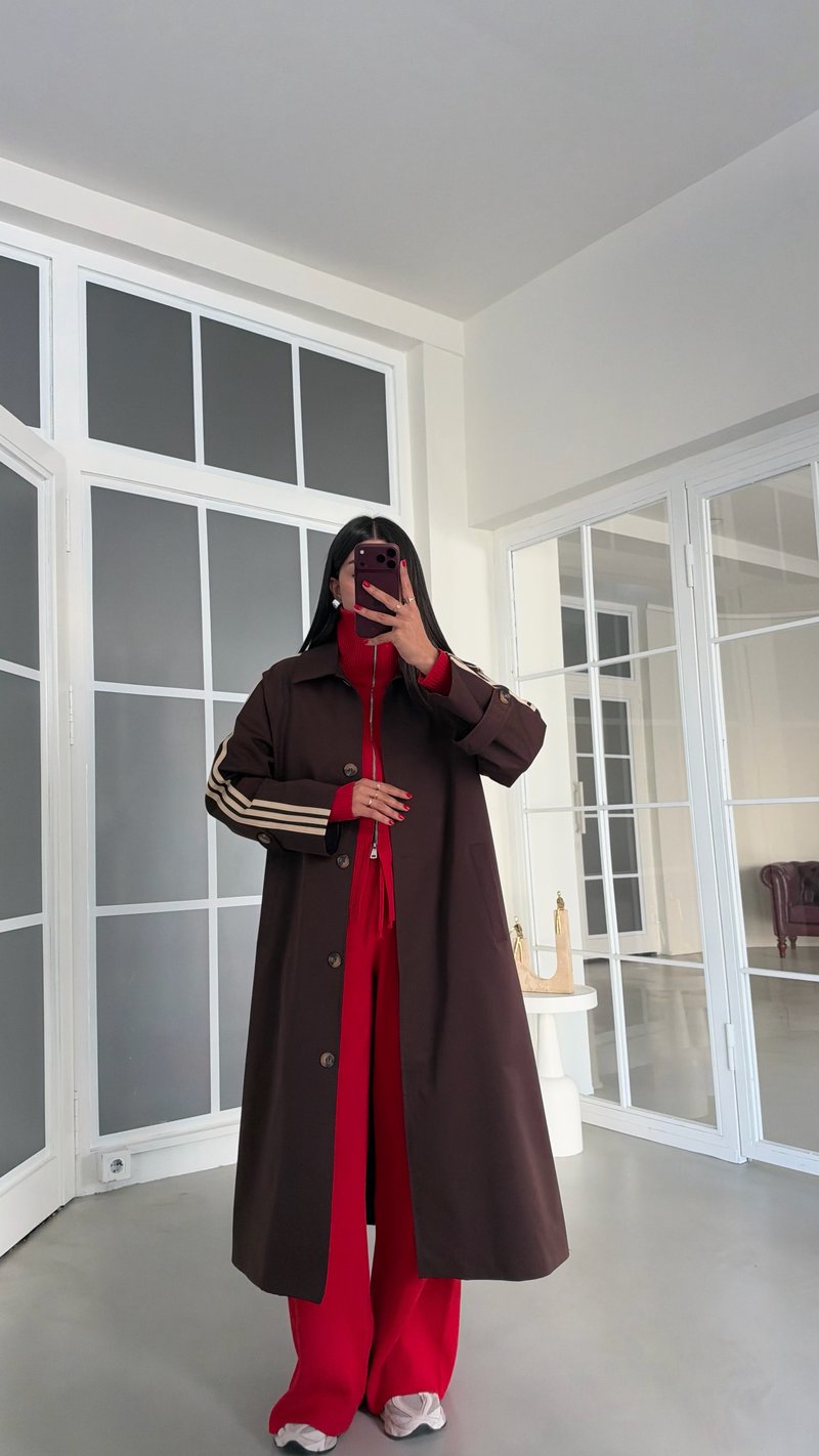 Acı Kahve Kol Şeritli Astarlı Trençkot GAUS-02245