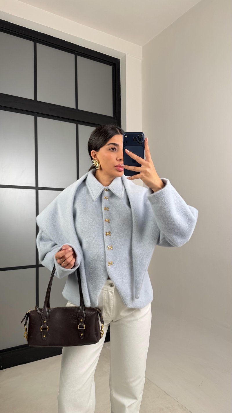 Mavi Fiyonk Düğmeli Astarlı Şal Detaylı Kaşe Ceket GAUS-00885