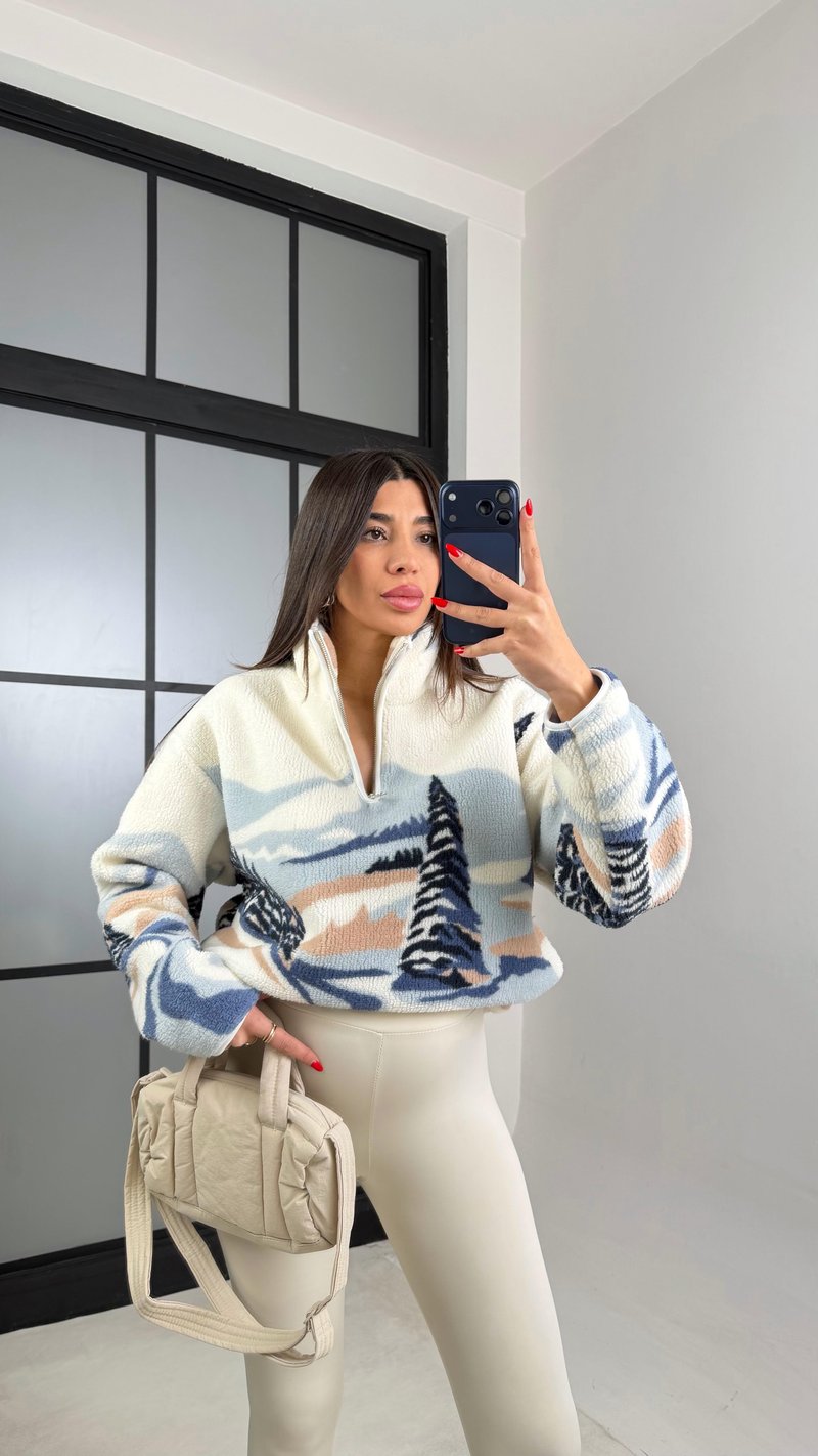 Mavi Fermuarlı Ağaç Desenli Polar Sweatshirt GAUS-00723 GAUS-01021