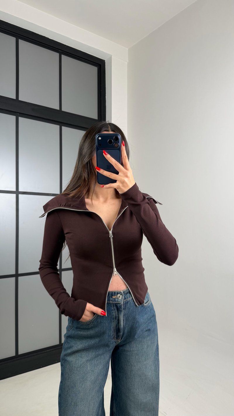 Acı Kahve Çift Fermuarlı Bluz GAUS-00939