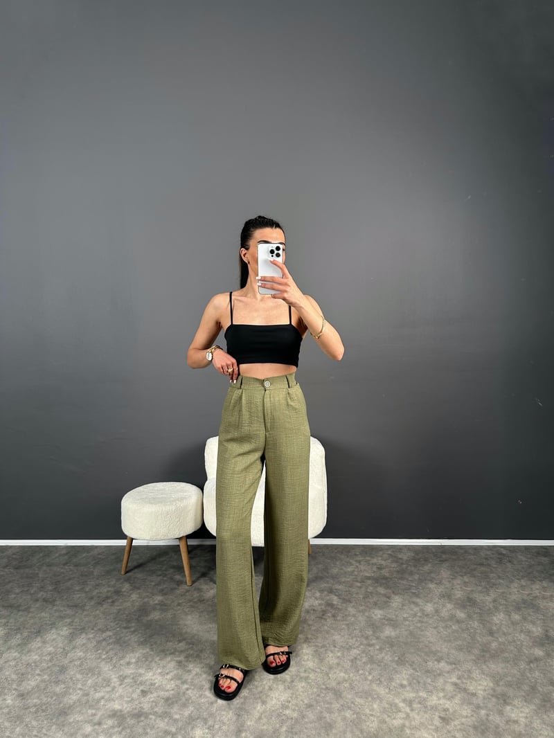 Vive Haki Keten Arkası Lastikli Pantolon