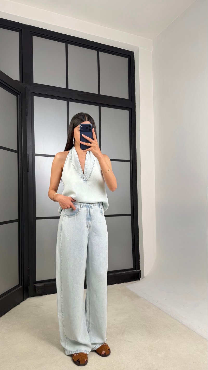 Buz Mavi Halter Yaka Tencel Denim Takım GAUS-01520 GAUS-01379
