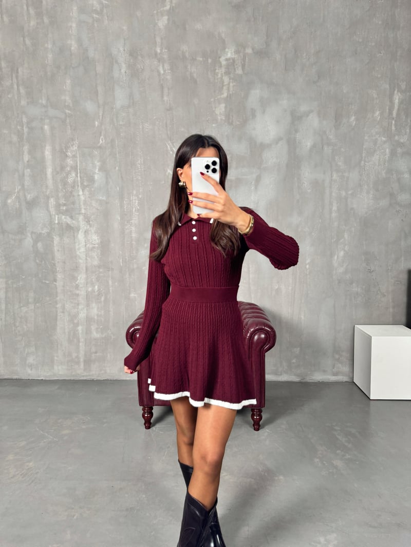 Picas Bordo Polo Yaka Triko Kazak Etek Takım