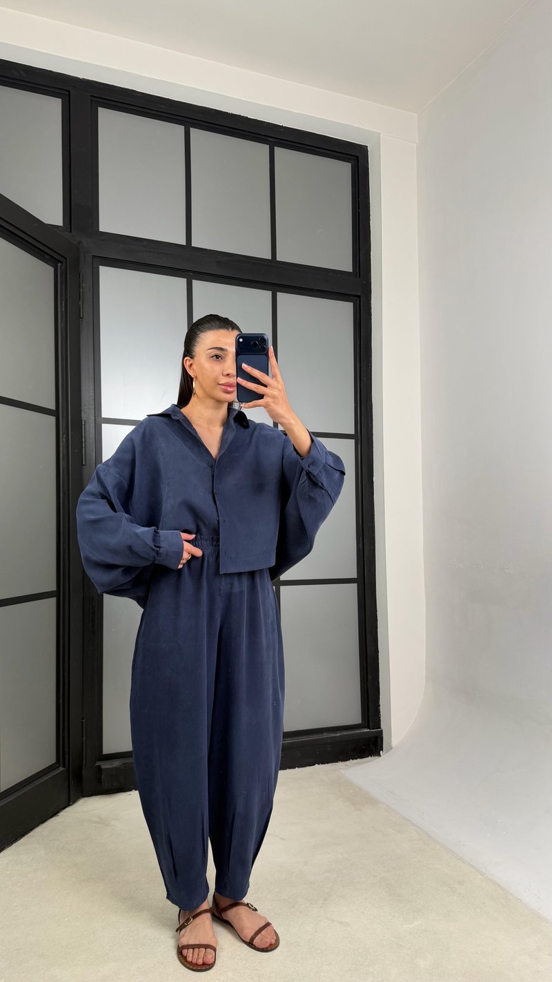 Lacivert MD Muadil Gömlek Beli Lastikli Şalvar Pantolon Tencel Takım GAUS-01500