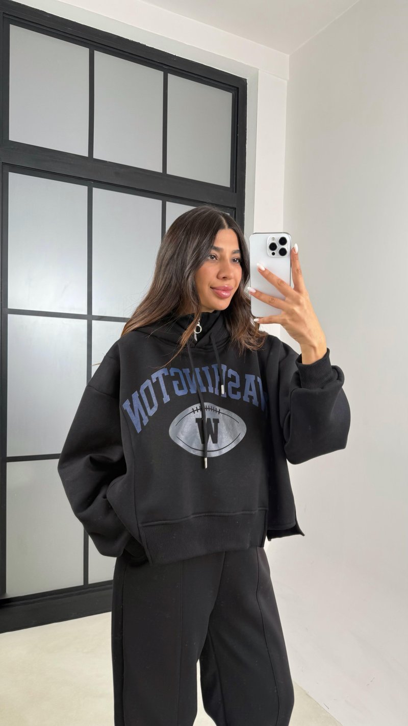 Siyah Kapüşonlu Sweatshirt Beli Lastikli Pantolon 3 İplik Şardonlu Takım GAUS-00530