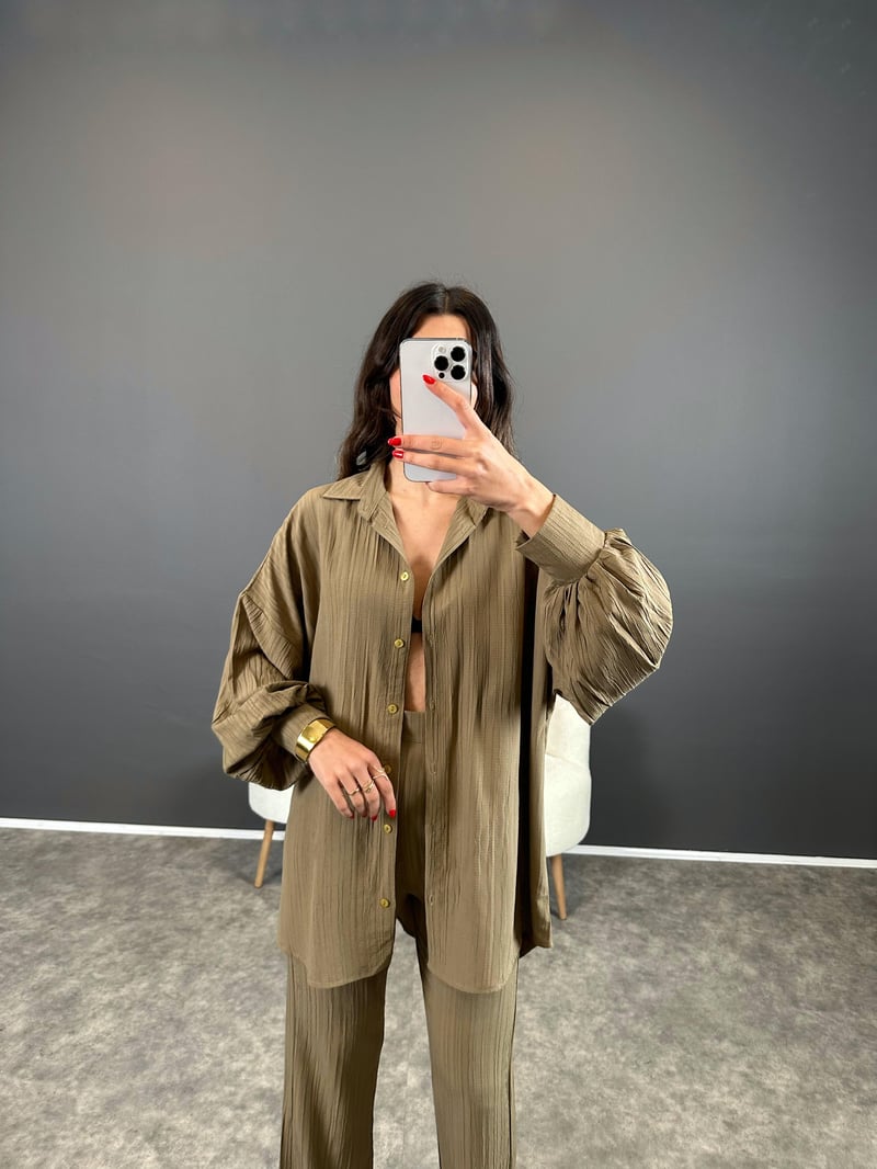 Heidy Soft Yeşil Gofre Kumaş Kemerli İkili Takım