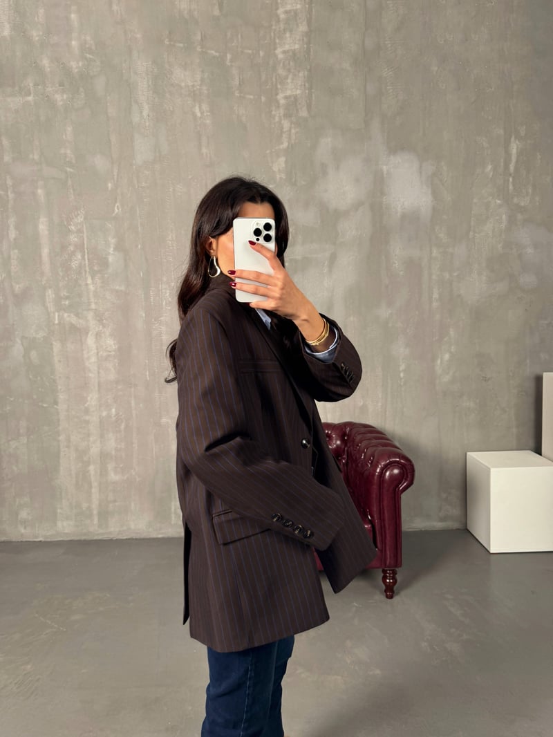 Anna Kahve Çizgili Astarlı Blazer Ceket
