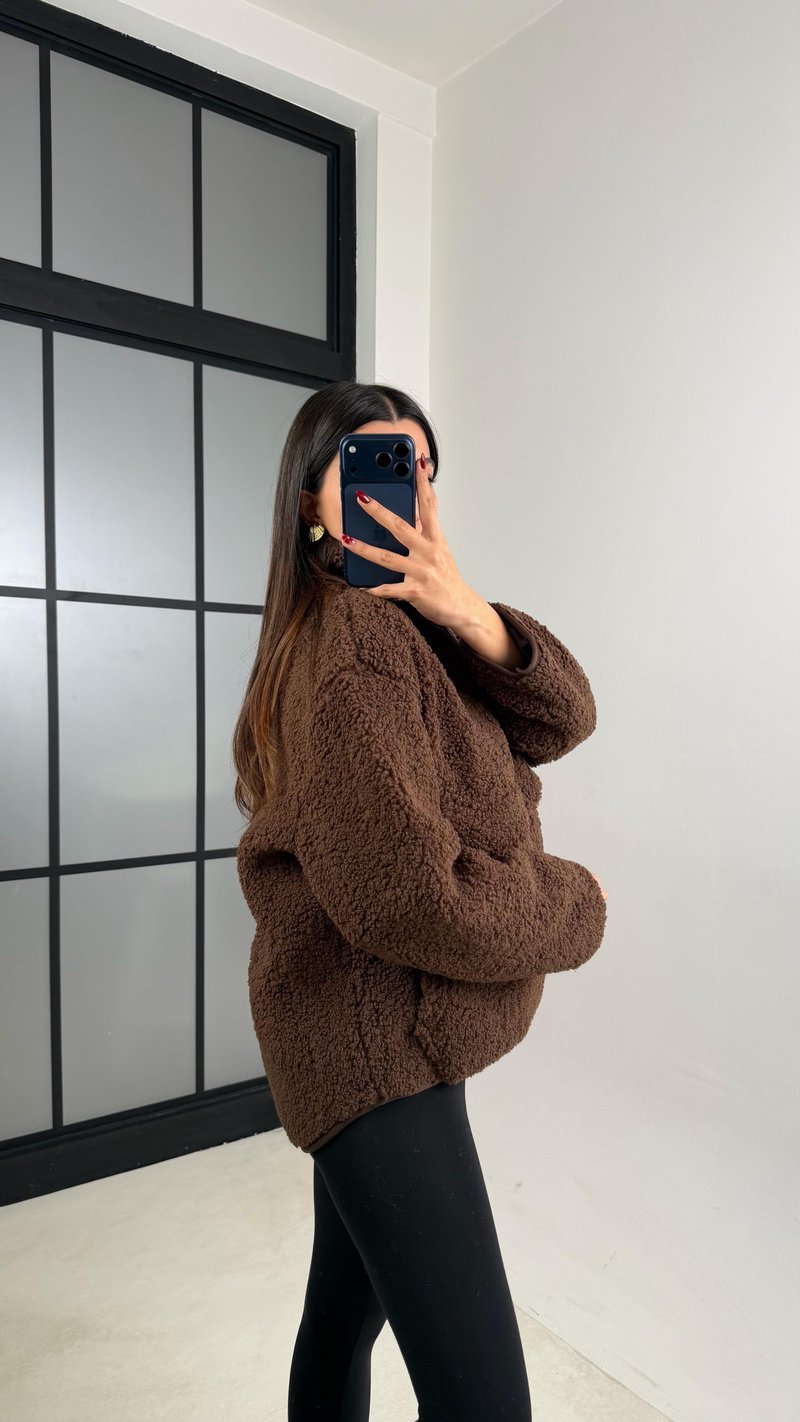 Acı Kahve Cepli Yaka Fermuarlı Peluş Sweatshirt GAUS-00672