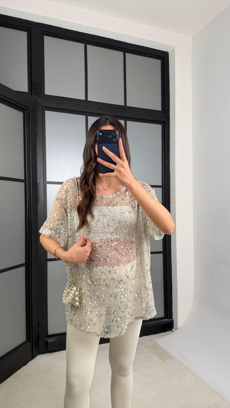 Taş Muadil Pul İşleme Detaylı İthal Oversize Bluz  GAUS-01187