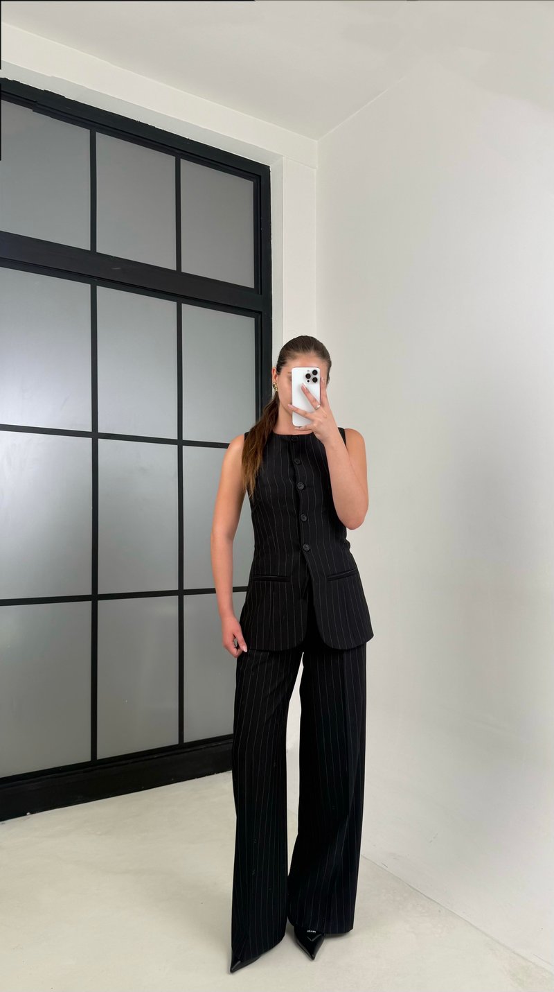 Siyah Çizgili Yelek Pantolon Kumaş Takım GAUS-00495