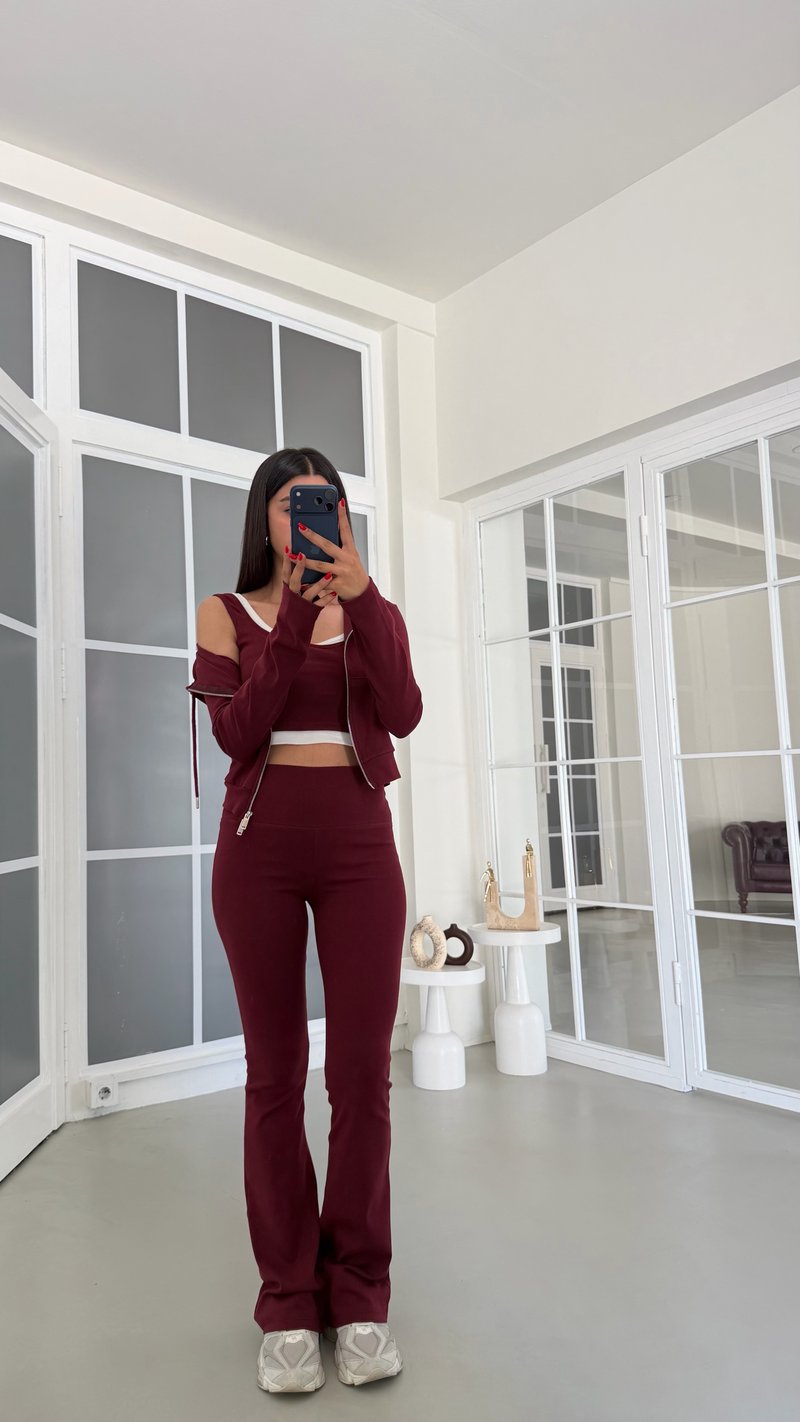 Mürdüm Hırka Crop Beli Lastikli Pantolon 3lü Basic Takım GAUS-01889