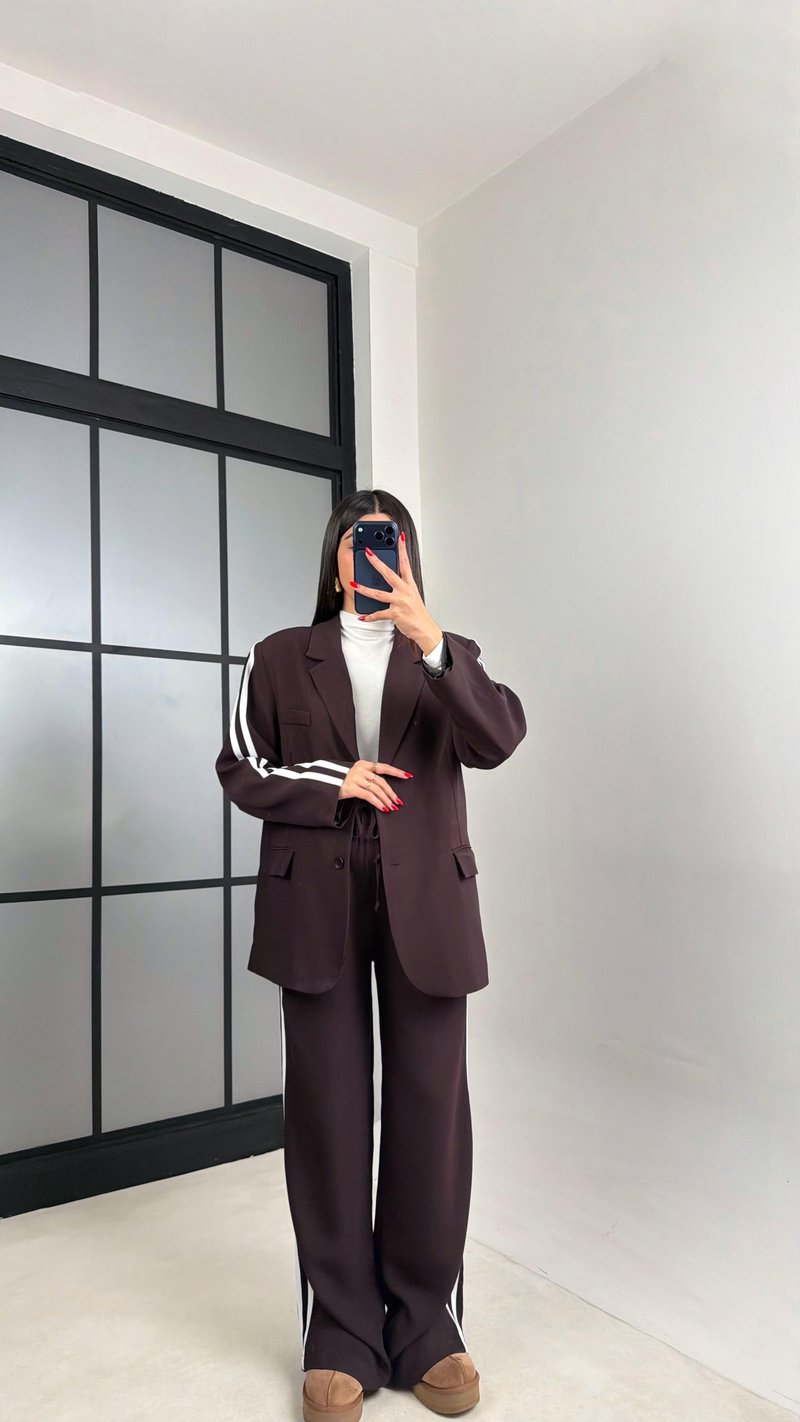 Acı Kahve Astarlı Vatkalı Blazer Ceket Beli Lastikli Pantolon Şerit Detaylı Premium Takım GAUS-00934