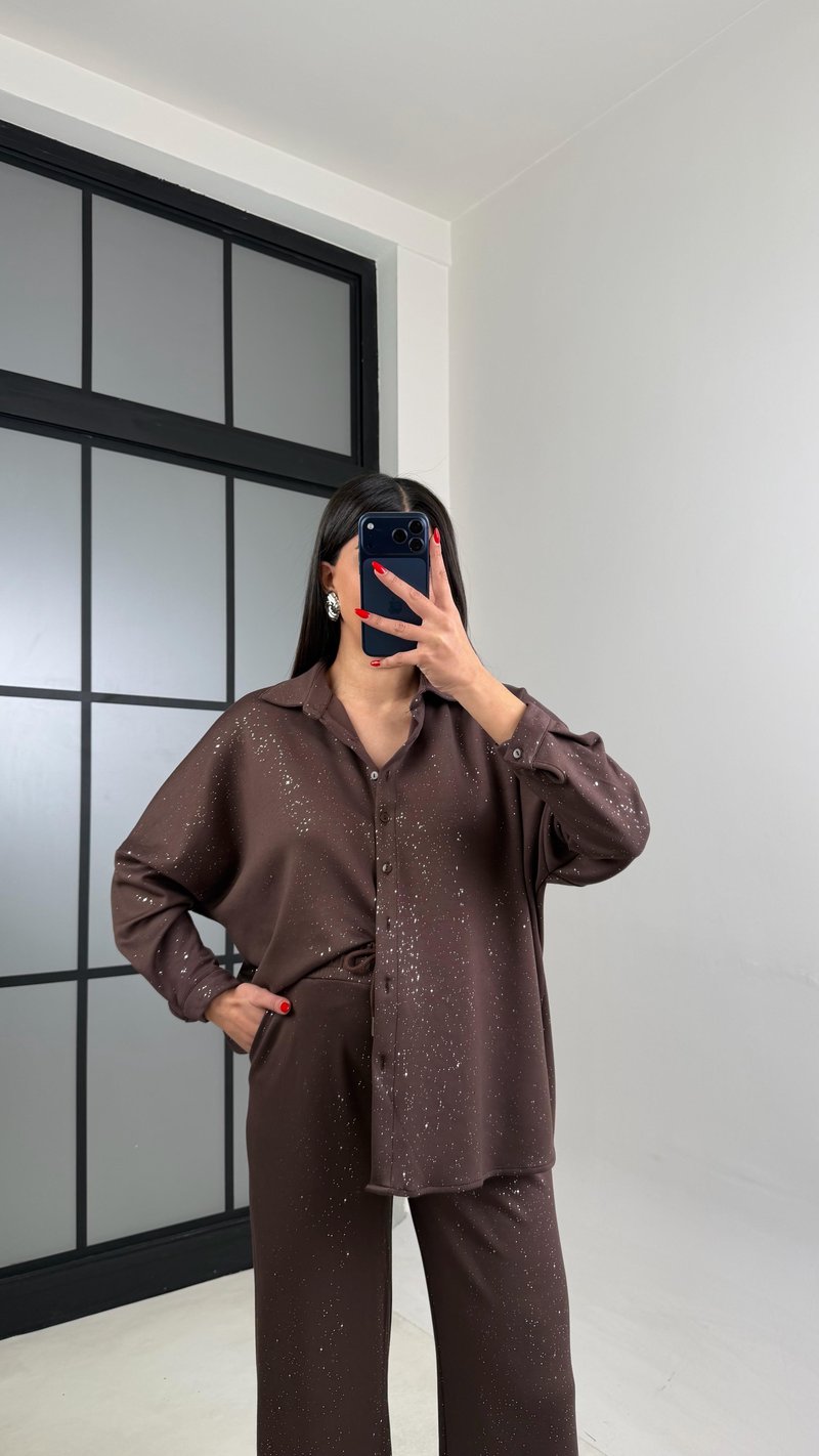 Kahve Gömlek Beli Lastikli Pantolon Premium Simli Takım GAUS-01013 GAUS-01014