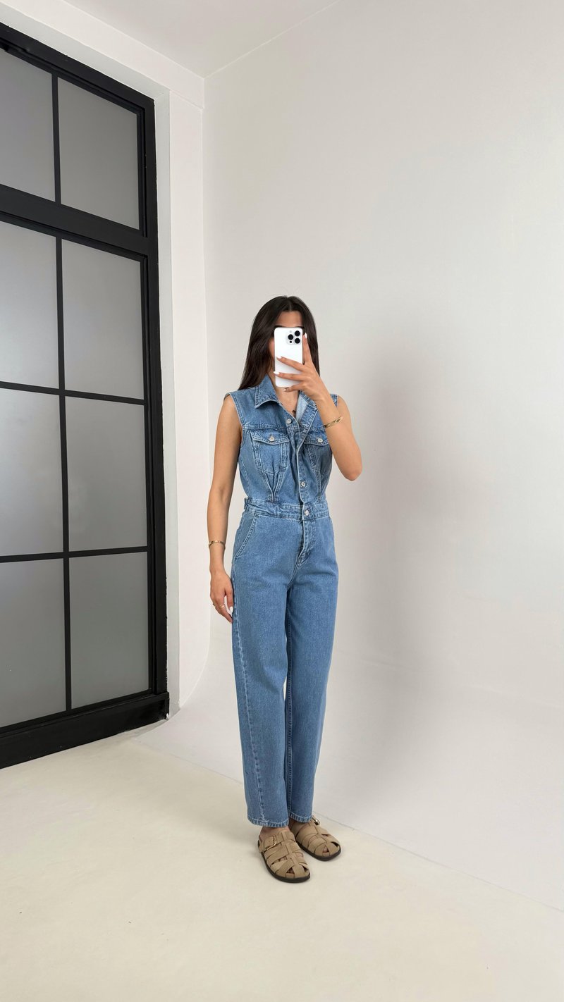 Mavi Sıfır Kol Önü Düğmeli ZR Muadil Denim Tulum Gaus00438