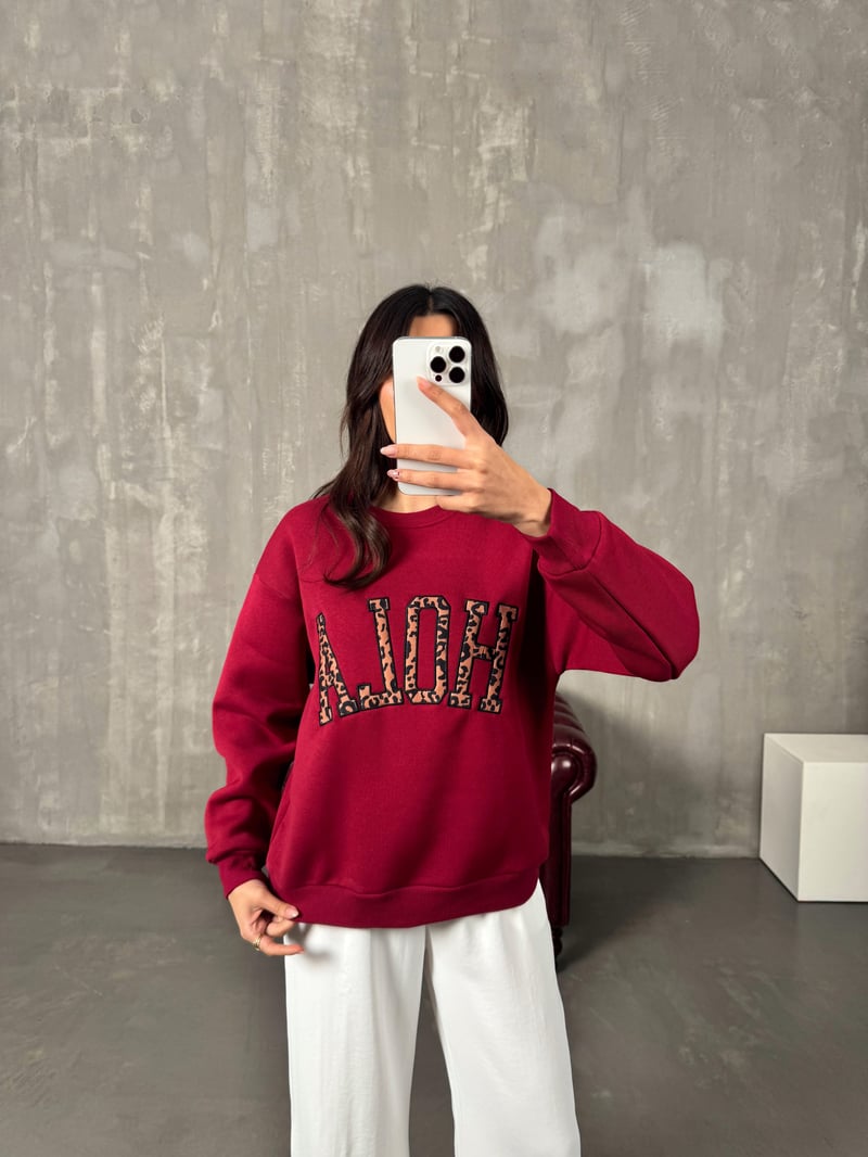 Kyre Bordo Hola Leopar Baskılı Sweat