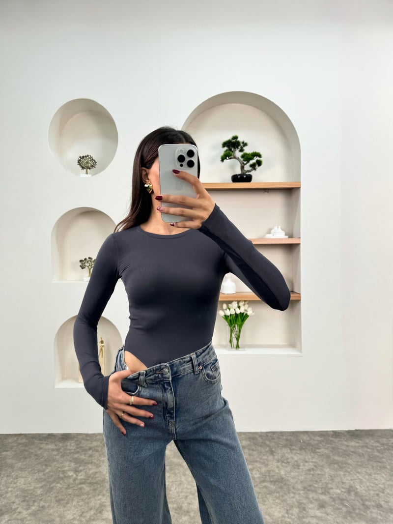 Antrasit Bisiklet Yaka Bodysuit