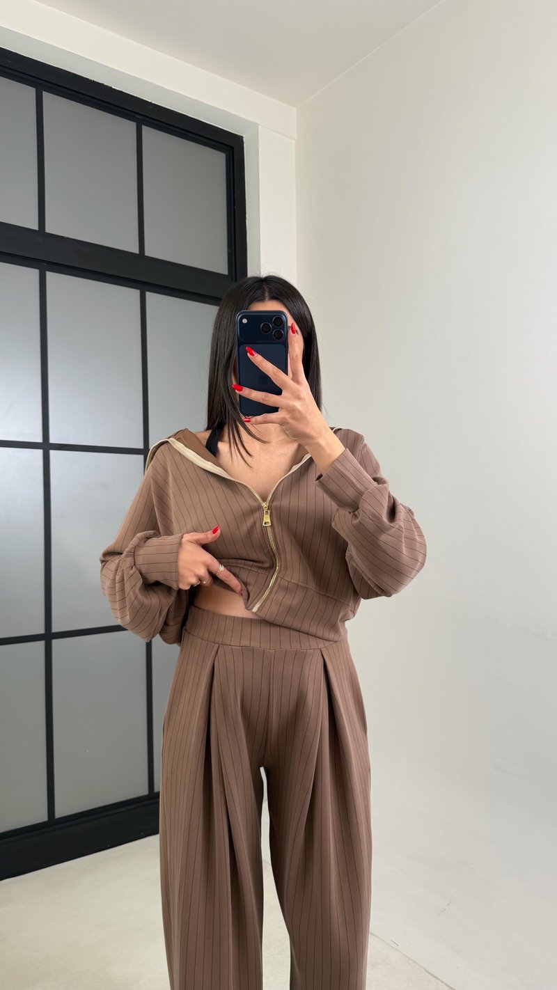 Kahve Hırka Beli Lastikli Pantolon OYS Model Premium Modal Takım GAUS-01023