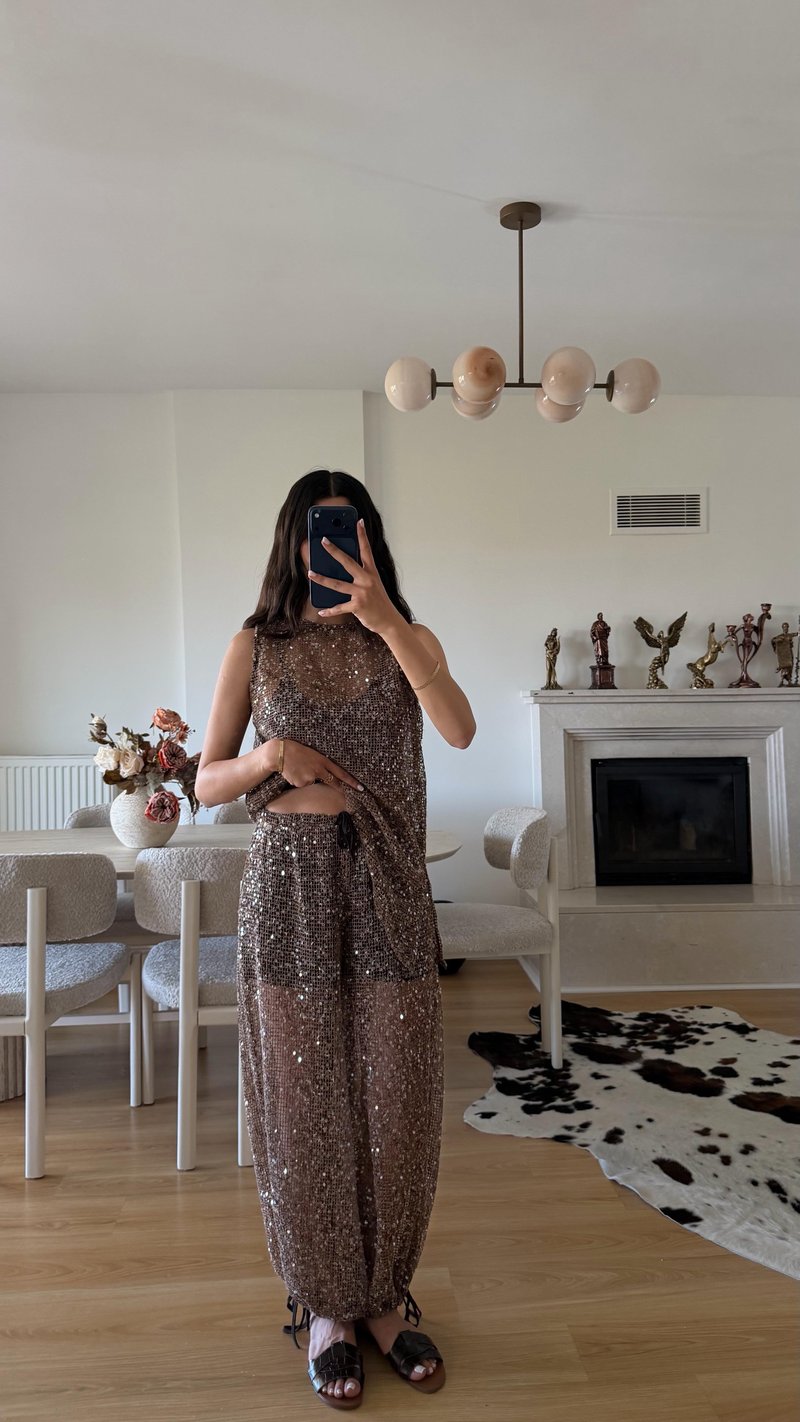 Kahve Muadil Şortlu Pullu Pantolon GAUS-01649