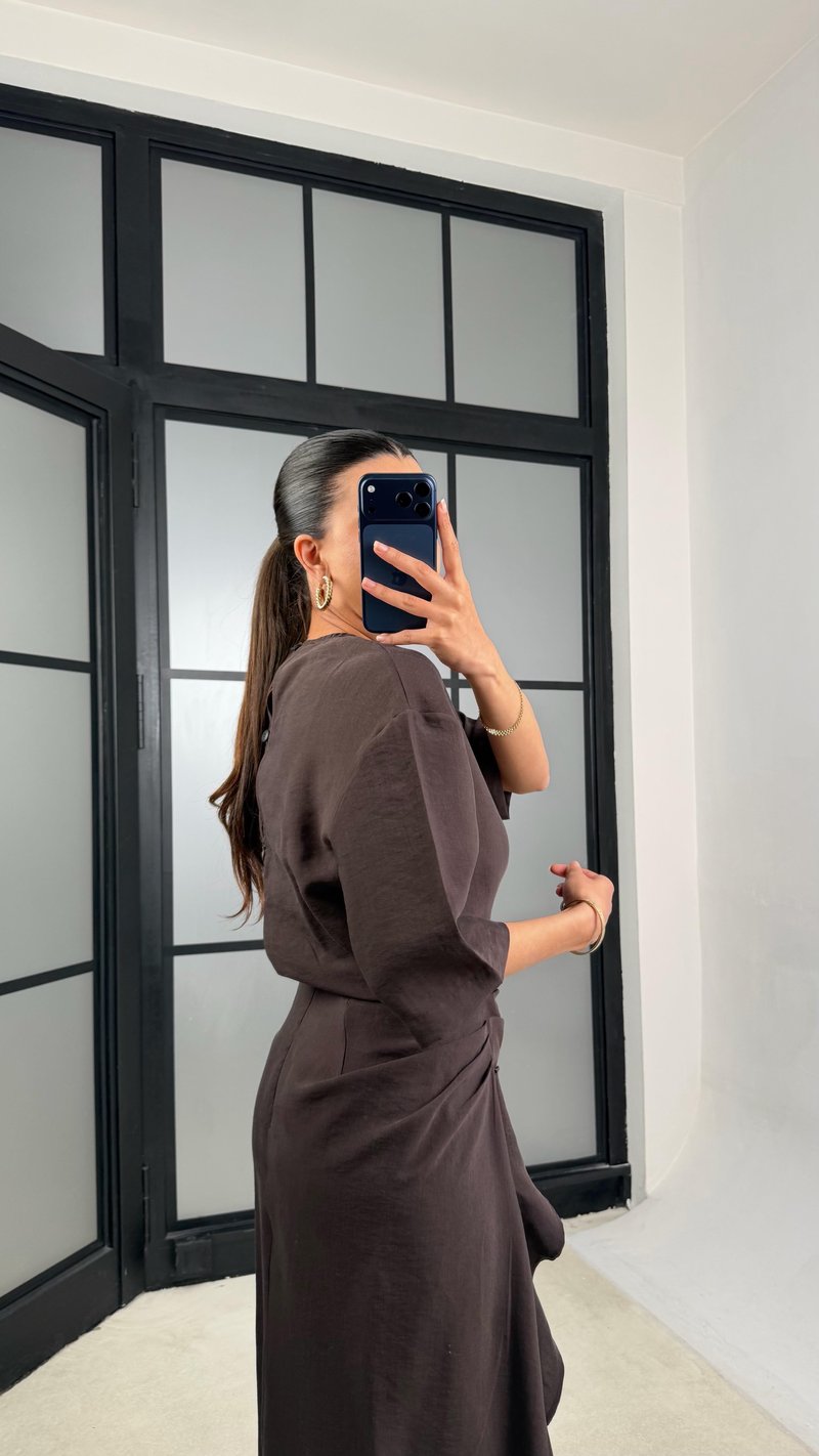 Acı Kahve Yırtmaç Detaylı Tencel Elbise GAUS-01405